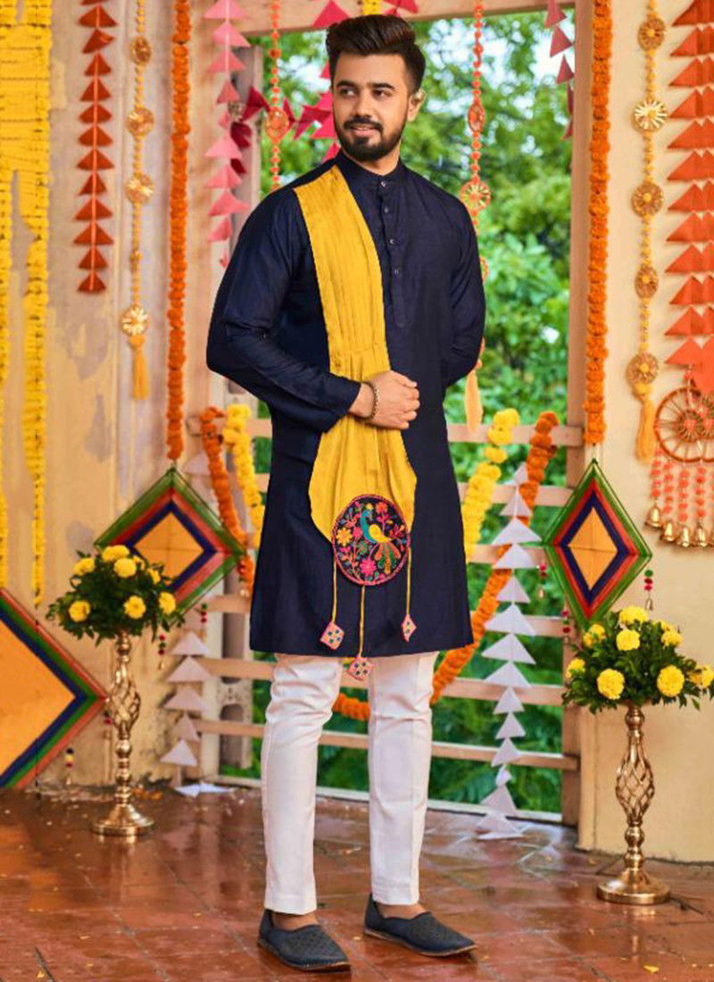 Navy Blue Colour Raas Vol 6 Shubh Kala Latest Designer Navratri Special Silk Mens Wear Kurta Collection 2138